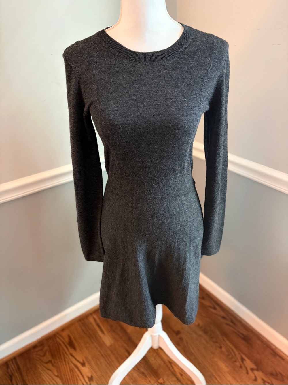 Theory Taolina LS Noble Wool Knit Fit & Flare Sweater Dress Gray Medium